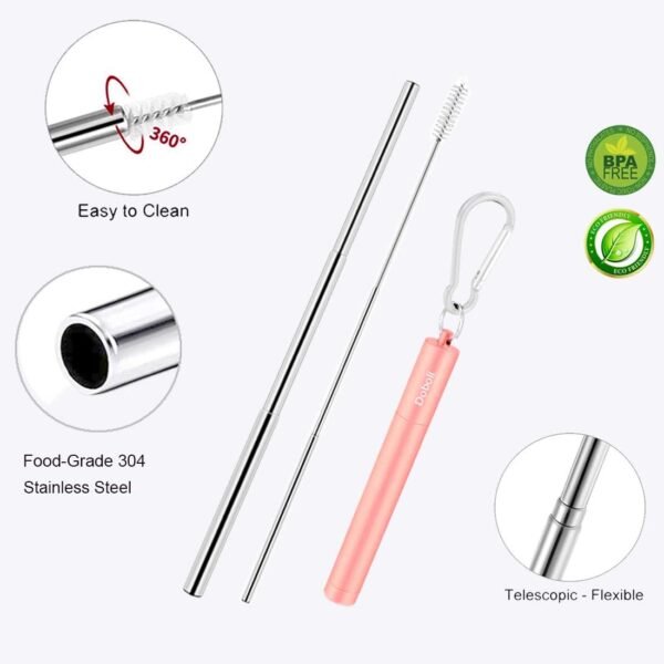2 Pack Reusable Metal Straws,Stocking Stuffers For Gift Women Men, Collapsible Stainless Steel Drinking Straw Travel Portable Telescopic Straw with Case,2 Cleaning Brushes,Black/Rose Gold - Image 2