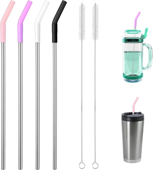 Reusable Metal Straws with Silicone Tip, 4 Pcs Stainless Steel Straws for 40 oz Tumbler,Extra Long Drinking Cup Straws
