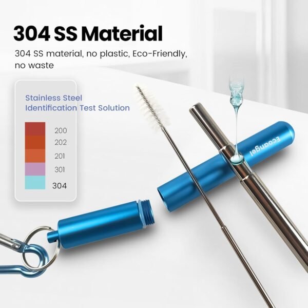 4-Pack Collapsible Stainless Steel Drinking Straws with Aluminum Case, Cleaning Brush, and Keychains - Silver, Blue, Red, Green - Image 2