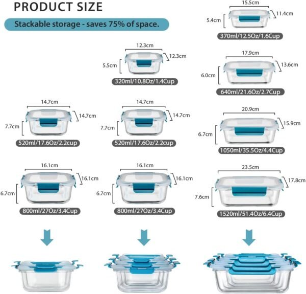 Glass Food Storage Containers with Airtight Lids-Glass Meal Prep Containers/Bento Box/Microwave Freezer Dishwasher Safe-Glass Lunch Box for Kitchen,Stackable,Large Capacity, BPA Free - Image 2