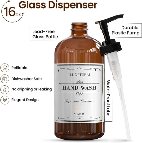 16 OZ Thick Amber Glass Soap Dispenser with Plastic Pump 2 Pack, Hand and Dish Soap Dispenser Set for Bathroom with 6 Waterproof Labels - Image 4