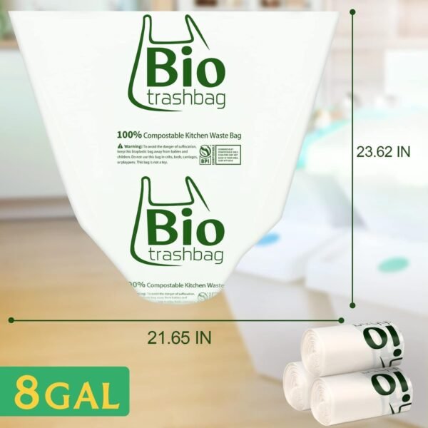8 Gallon Compostable Trash Bags, 100 Count Flat-Top Trash Bags Biodegradable, Medium Small Food Scrap Waste Bags for Kitchen Bathroom Office Car, Extra Thick Compost Bags White - Image 2