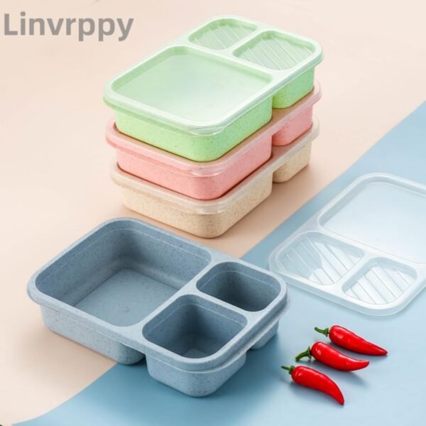 Bento Lunch Box Containers - 3 Compartment Wheat Straw Meal Prep Containers for Adult, BPA Free Plastic Reusable,Microwave & Dishwasher Safe,Portable Toast Bread Sandwich Box - Image 2