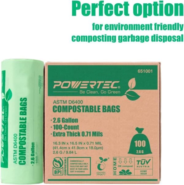 POWERTEC Compostable Bags, 2.6 Gallon (9.84 Liter), 100 Count, Extra Thick 0.71 Mil Kitchen Scrap Waste Bag, ASTM D6400 US BPI & European OK Compost Home Certified, Biodegradable Yard Waste Trash Bag - Image 2