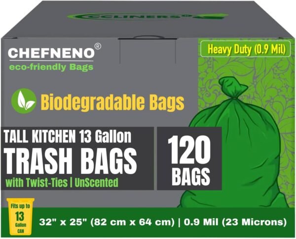Tall Kitchen Biodegradable Trash Bags 13 Gallon (120 Bags) Eco-friendly Medium Green Garbage Bag 55 Liter Landfill-Friendly Can Liners Portable Camping Toilet Bags Made With epi (120 count)