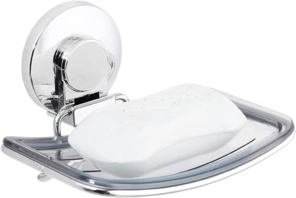 LEVERLOC Chrome Suction Cup Soap Dish Soap Holder for Shower Wall Drill-Free Rustproof Waterproof Wall Mount Strong Suction Removable Bar Soap Sponge Holder for Bathroom Bathtub Kitchen