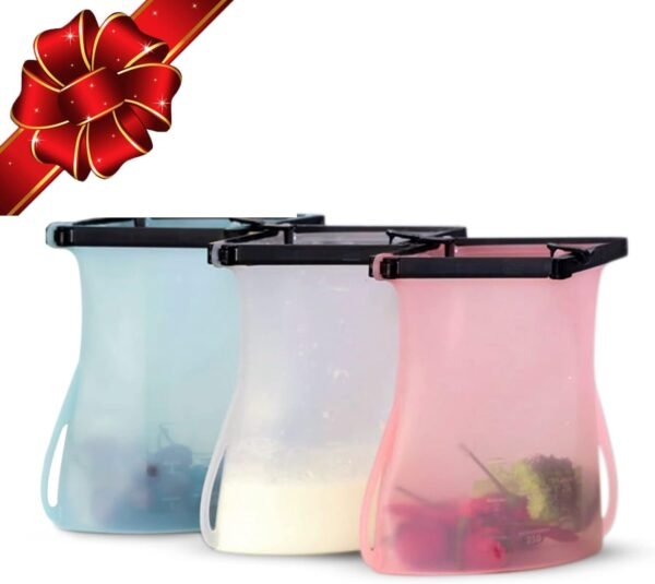 Reusable Leakproof Silicone Stand-Up Food Storage Bags 6 Cups (50 Oz) Microwavable Freezer and Dishwasher Safe Odorless Silicone Food Bags Easy Clean and Dry Ziplock Alternatives (Random Color)