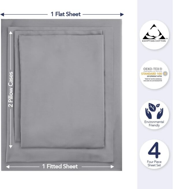 CRAFTSWORTH 100% Organic Cotton Sheets Queen 4 Piece Set Silver Extra Deep Pocket Sheet Sets Flat Sheet Fitted Sheet Pillowcase Better Than Percale Hotel Luxury Quality Sheet GOTS Certified - Image 2