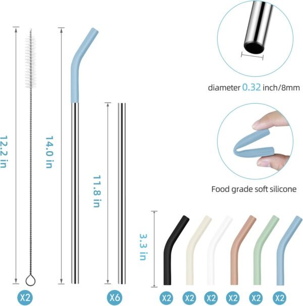 40 oz Stainless Metal Straws for 40 oz Stanley Tumbler, 6 Straws Reusable Straight Long Steel Straws with 12 Silicone Tips and 2 Straw Cleaning Brushes (6Color1, 40oz) - Image 2