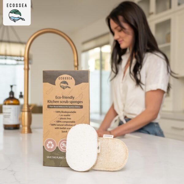 Dual-Sided Natural Sponges for Dishes - Plastic-Free Scrubbing Scrub Sponge Set - Mulituse Plant-Based Cellulose Sponges - Non-Scratch Quick Drying Scrubber Sponges for Kitchen Cleaning - 3 Pack - Image 3