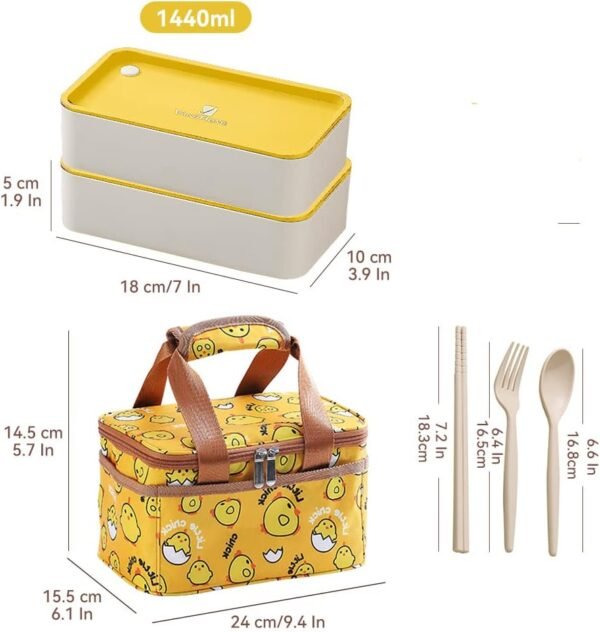 ArderLive Stackable Lunch Bento Box with Bag and Utensils, Microwave Safe, BPA-Free Eco-Friendly Lunch Containers for Adults Japanese, Yellow Denim Bag with Bonus Dip Container - Image 4