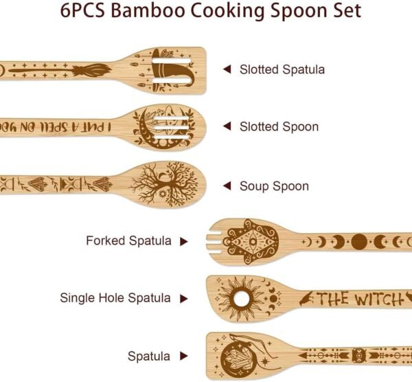 GLOBLELAND 6Pcs Magic Divination Bamboo Cooking Utensils Wooden Engraved Cooking Spoons Set Carving Kitchen Bamboo Spatula Set Wood Cooking Spoon for Kitchen House Warming Gift - Image 2