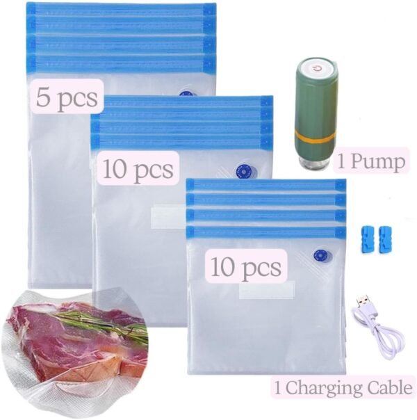 Sous Vide Bags 25pcs, BPA-Free Reusable Vacuum Seal Bags for Food/Freezing safe-25pcs Vacuum Food Storage Bags with Handheld vacuum sealer electric pump & Seal Clips & Air valves for Sous Vide Cooking - Image 2