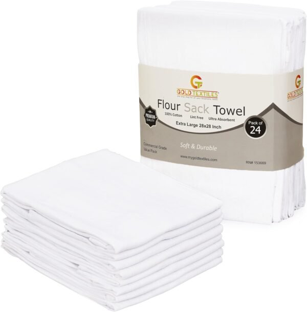 GOLD TEXTILES White Flour Sack Towels (12 Pack - 28x28) 100% Cotton Kitchen Towels – Multipurpose, Soft & Absorbent, Quick Dry with Easy Care