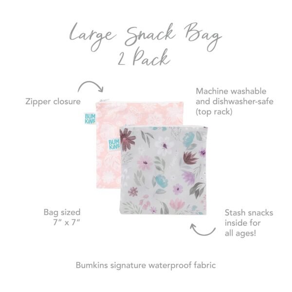 Bumkins Reusable Sandwich and Snack Bags, for Kids School Lunch and for Adults Portion, Washable Fabric, Waterproof Cloth Zip Bag, Travel Pouch, Food-Safe Storage, Large 2-pk Floral and Lace - Image 5