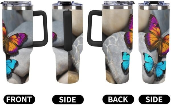Colorful Butterfly Stone Insulated Tumbler 40 Oz Stainless Steel Double Wall Vacuum Travel Mug Large Capacity Car Cup Reusable Coffee Cup with Handle And Straw Lid Gifts Black - Image 6