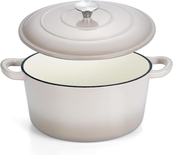 HaSteeL 6 Quart Cast Iron Dutch Oven, Pre-seasoned Enamel Cooking Stock Pot with Lid, Non-stick Round Cookware for Sourdough Bread Baking Roasting Stewing Braising Frying, Heavy Duty, Oven Safe, Khaki
