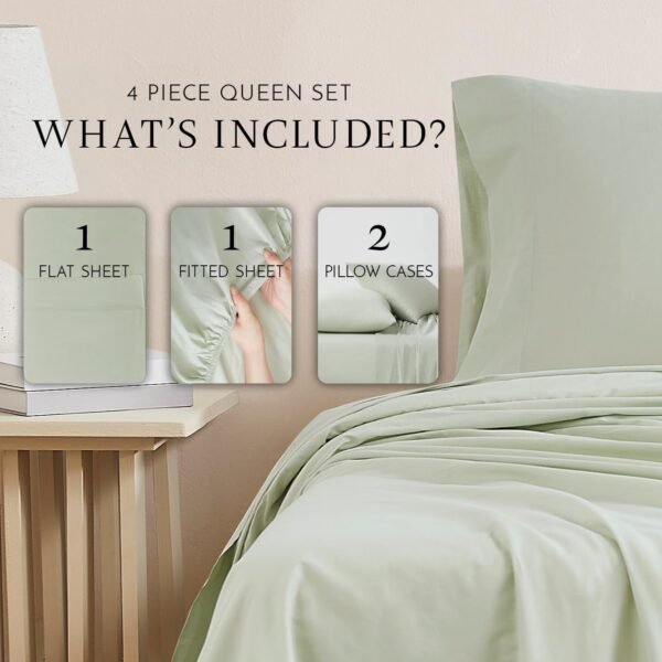 Linen Closet Luxury Cotton 144 Thread Count Organic Cotton 4-Piece Sheet Set, Queen, Light Green - Image 2