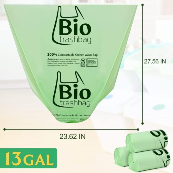 13 Gallon Compostable Trash Bags Biodegradable, Tall Kitchen Large Garbage Bags, 100 Count, Heavy Duty 49.2 Liter, Compost Food Waste Bags, US BPI and Europe OK Compost Home Certifi - Image 2