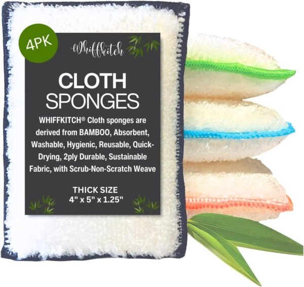 Bamboo Fiber Sponges 4-Pack - Scrub-Non-Scratch, Reusable, Washable, Extra Absorbent, Durable, Multi-Tasking Household Cleaning, Naturally Hygienic Kitchen Sponges for Dishes