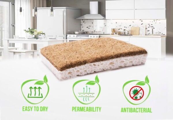 Natural Kitchen Sponges Compostable Cellulose and Coconut Scrubber Sponge Pack 6 Eco Walnut 100% Coconut Sponge Eco Friendly Biodegradable Non Scratch - Image 4
