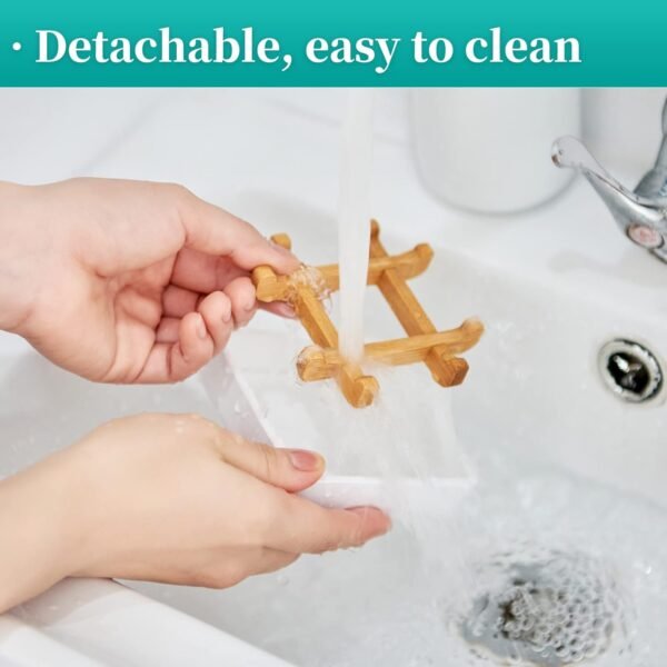 Wooden Bamboo Square Soap Dishes for Bar Soap Holder for Shower with Drain for Bathroom Small Soap Dish Detachable（Single Pack Right Angle White） - Image 5