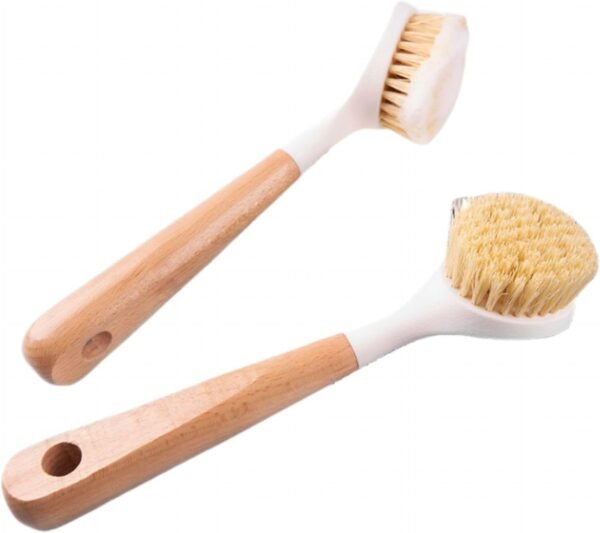 GIGAGO Efficient Kitchen Scrub Brush with Handle - Eco-Friendly Bamboo Dish Brush Set for Cleaning, Say Goodbye to Hassles! (2 Pack,White)