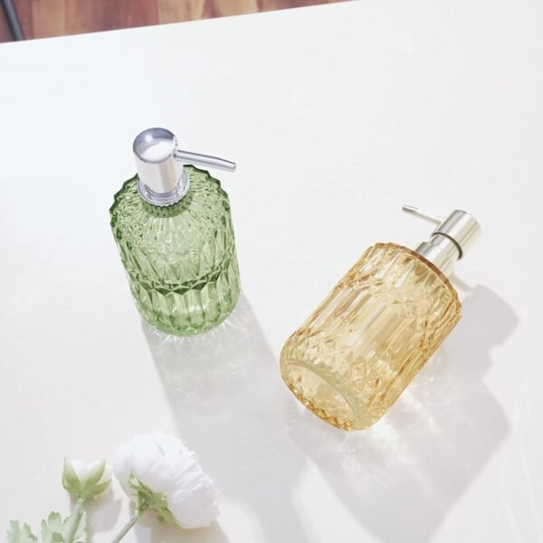 Diamond Design 12 Oz Green Glass Soap Dispenser,Refillable Lotion Soap Dispenser for Bathroom, Kitchen, Hand Soap, Dish Soap,Shampoo, Ideal for Bathroom Countertop. (Clear Gold) - Image 2