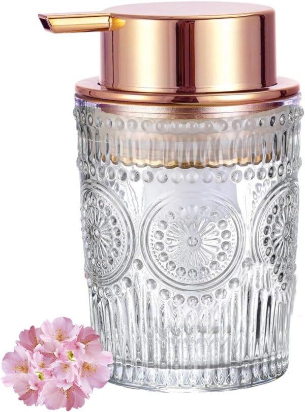 Glass Soap Dispensers with Copper Rose Gold Pump Head, Hand Soap Dispenser for Kitchen and Bathroom, Heavey Sunflower Glass Cup 330ml/11oz - 1 Pack