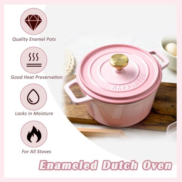 Enameled Cast Iron Dutch Oven, Pink Nonstick Dutch Oven Pot with Lid, Round Enamel Cookware for Braising Stewing Roasting Baking, Good Sealing, Cooking Pot Suitable for All Stoves (Pink) - Image 2