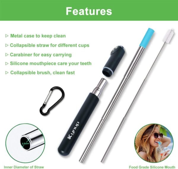 Kynup Reusable Straws, 4Pack Collapsible Portable Metal Straw Reusable Foldable Stainless Steel Drinking Travel Telescopic Straw with Case, Clean Brush, Keychain Gifts (Blue-Black- Rose Gold-Silver) - Image 5