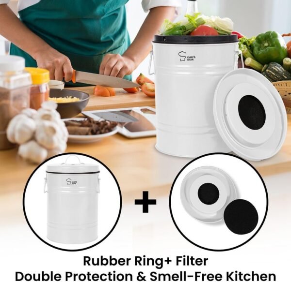 Chef's Star Countertop Compost Bin for Kitchen, Indoor Compost Bin for Kitchen Counter, Small Composter for Kitchen Counter, with Charcoal Filter, Airtight Lid, 0.8 Gallon Compost Pail, White - Image 4