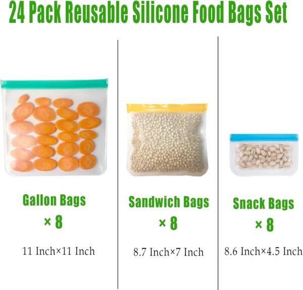 24Pcs Reusable Freezer Bags Food Storage Bags WLRGOOD Flat Silicone Bags Leakproof BPA Free Freezer Gallon/Lunch/Sandwich/Snack Reusable Storage Bags for Meat Fruit Veggies Travel Home Storagation - Image 2