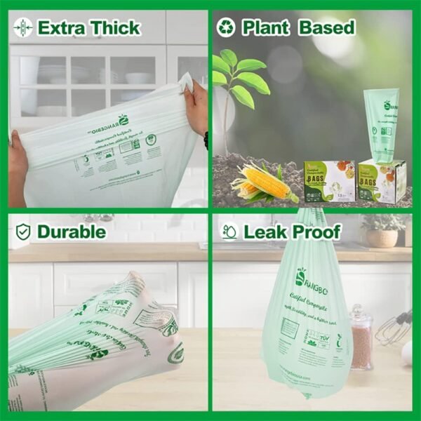 3 Gallon Compostable Trash Bags, 100 Count, Food Grade, Plant-based, Biodegradable, Leak-proof, Tear-resistant, Dishwasher Safe - Image 3