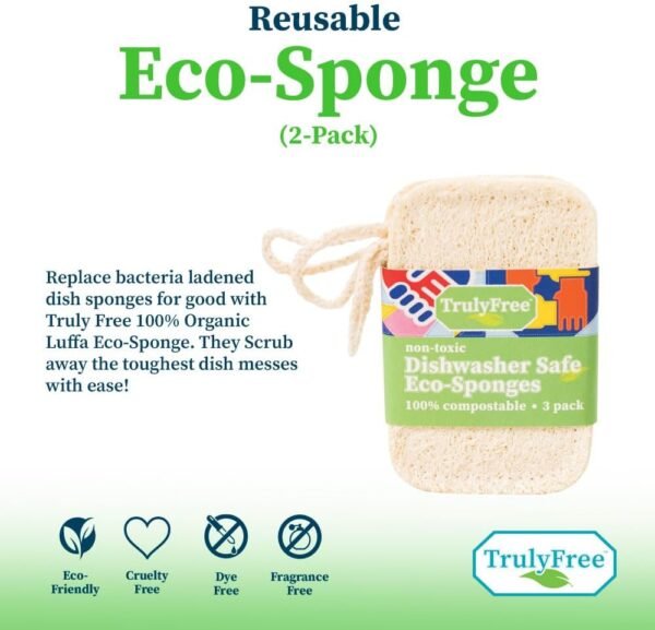 Truly Free Natural Cleaning Sponges, 100% Organic Luffa Dish Scrubber, Plant-Based Compostable Kitchen Dishwasher Sponge, Cleans Sink, Grout & Tile, Non Scratch Scouring Pad - 4.4 x 2.8 in, Pack of 3 - Image 3