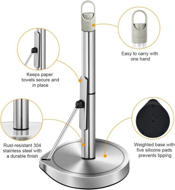 AIDEA Paper Towel Holder with Spray Bottle, Kitchen Towel Holder for Countertop, Spring Arm for Easy Tear, One-Handed Stainless Steel Paper Towel Dispenser with Weighted Base, Silver - Image 6