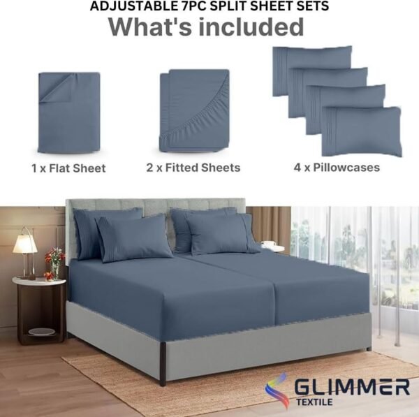 100% Organic Cotton| 1000tc| Split King Size 7pcs Sheet Set| Comfy & Very Soft| Comfort Like Hotel| Luxury Bed Sheets for Men & Women| deep Pocket 14 inch| Wrinkle Free| Steal Blue - Image 2