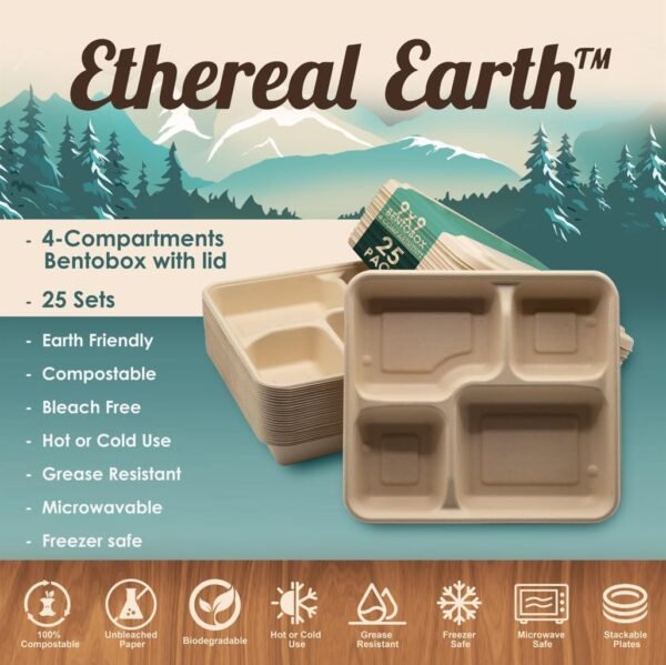 Ethereal Earth Take Out Food Containers [BPI Certified], 9X9 4-Compartment Meal Prep Lunch Bento Boxes with Lids, 25 Pack, Natural Disposable, Heavy Duty, Biodegradable,Made of Bagasse - Image 2