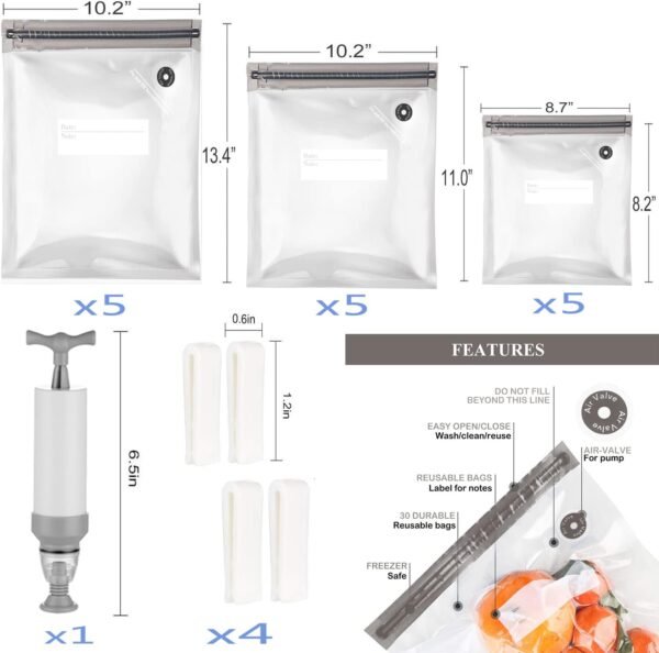 Sous Vide Bags 20pack Reusable Vacuum Food Storage Bags with 3 Sizes Vacuum Food Bags,1 Hand Pump,4 Sealing Clips for Food Storage and Sous Vide Cooking (Gray Kit) - Image 5