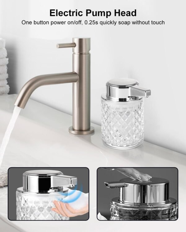 Automatic Soap Dispenser, Foaming Hand Soap Dispenser, Touchless Refillable Clear Glass Soap Dispenser with Pump, Diamond Embossed, Electric Dish Soap Dispenser for Bathroom, Kitchen - Image 2