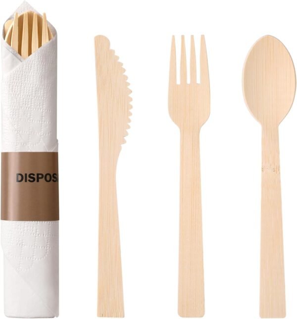 Bamboo Cultery Set with Pre Rolled Napkins- 50 Pack (6.7" 50 Forks 50 Spoons 50 Knives 50 Napkins) Compostable Fork Spoon Knife Set Individually Wrapped Disposable Flatware for Camping/Travel/Wedding - Image 3