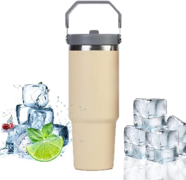 30oz Tumbler With Straw Lid Vacuum Sealed Insulated Cup Reusable Stainless Steel Water Bottle Trave for Water, Iced Tea or Coffee (Off-white)