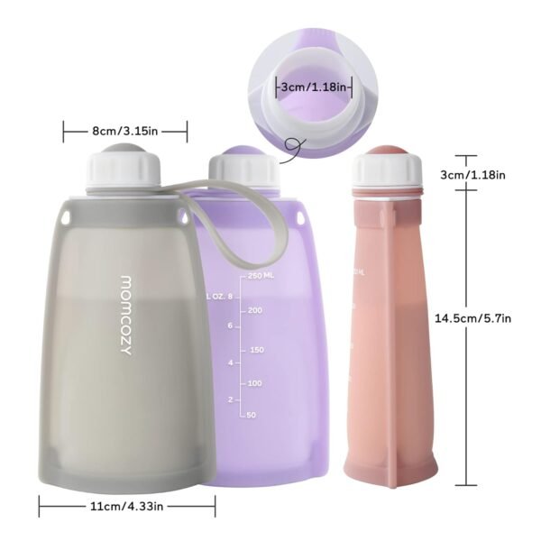 No Leak Momcozy Silicone Breastmilk Storage Bags, Reusable Breastmilk Freezer Storing Bags for Breastfeeding, 8.5oz/250ml Breast Milk Saver, Leakproof Baby Food Pouches, BPA Free (Gray, 5pcs) - Image 8