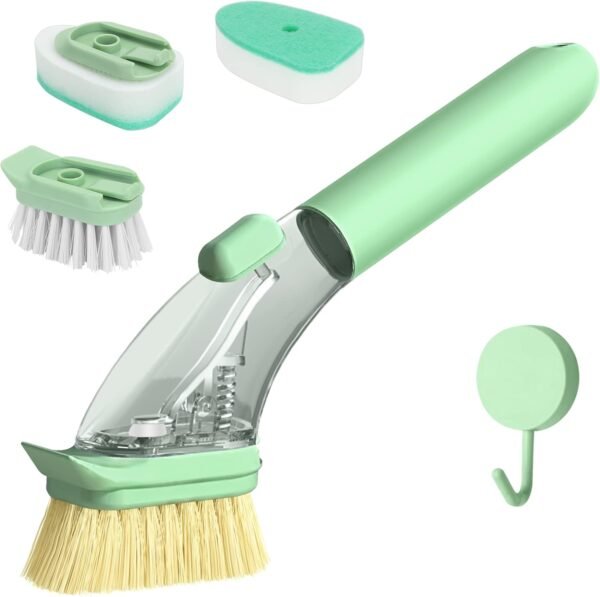 DAPOWER Dish Brush with Handle, Dish Scrubber with Soap Dispenser, Kitchen Scrub Brush for Dishes Pots Pans Sink Cleaning, 4 Replaceable Brush Heads (Green)