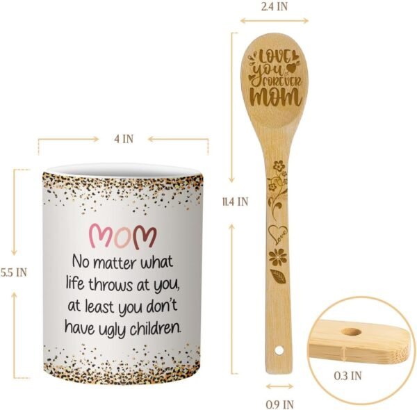 Cooking Utensils Set, Mom No Matter How Hard Life Gets Ugly Children, Grandparents Day Gift, Utensil Holder & 6 Wooden Spoons Cooking Gifts For Mom, Kitchen Gifts For Mom, Silverware Holder - Image 2