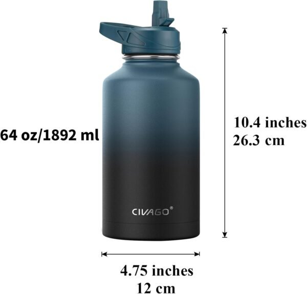 CIVAGO 64 oz Insulated Water Bottle With Straw, Half Gallon Stainless Steel Sports Water Flask Jug with 3 Lids (Straw, Spout and Handle Lid), Large Metal Thermal Cup Mug, Indigo Black - Image 4