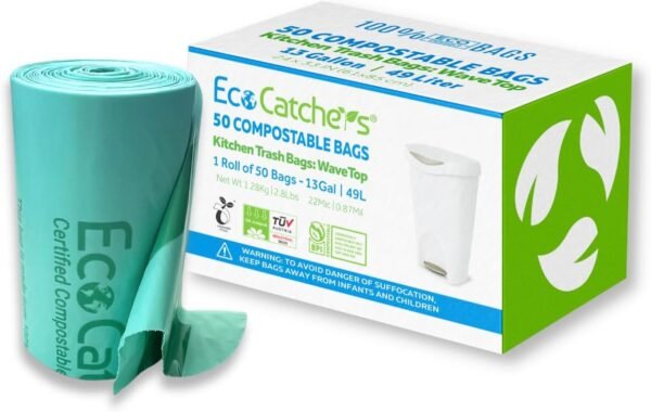 Compostable Trash Bags 13 Gallon - [50] Wavetop Kitchen Compost Bags for Home Trash Can, BPI Certified Easy Tie-Up Garbage Bags