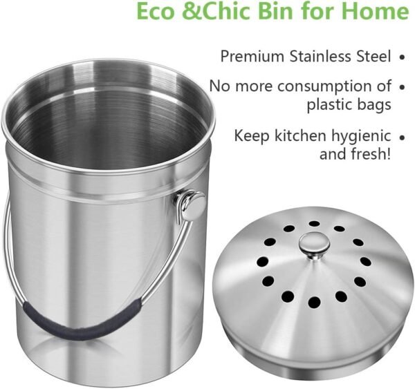 Compost Bin Countertop, Composter Bucket with Lid Abakoo 1.6 Gallon Stainless Steel Kitchen Waste Pail Plus 4pcs Bonus Charcoal Filters Clean & Odor Free - Image 2