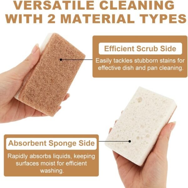 12pcs Natural Sponges for Dishes, Biodegradable Compostable Cellulose and Coconut Scrubber Sponge, Non-Scratch Reusable Cleaning Sponge for Removing Dirt and Oil in The Kitchen(Brown+White) - Image 4