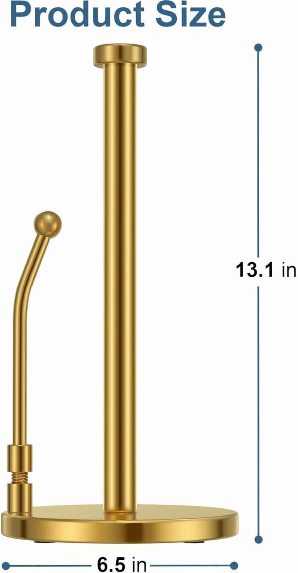 SMARTAKE Paper Towel Holder, Paper Towel Dispenser Standing Weighted Base Non Slip, Spring Arm Fit Most Size Paper Roll, Stainless Steel Kitchen Roll Stand for Home Kitchen Countertop Tabletop, Gold - Image 3